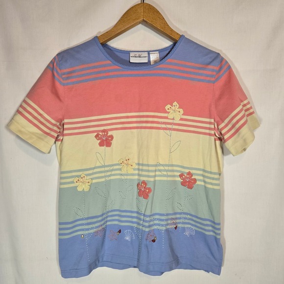 Vintage Suzie Tops - Vtg Alfred Dunner Rainbow Embroidered Beaded T Shirt Cotton Floral Large Stripe